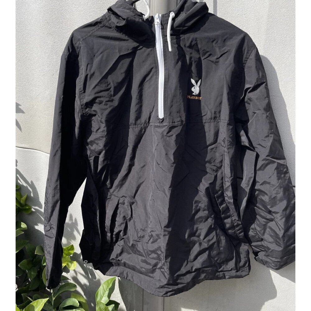 Vintage Playboy Pullover Men’s Sz M 1/4 Zip Black Hoodie Windbreaker Logo Jacket
